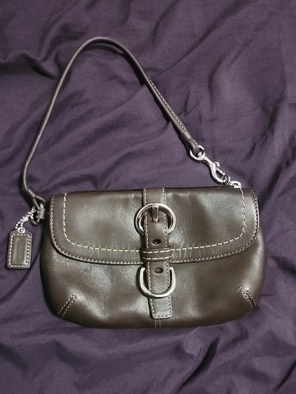 Coach Dark Brown Leather Shoulder Bag with Silver Buckle